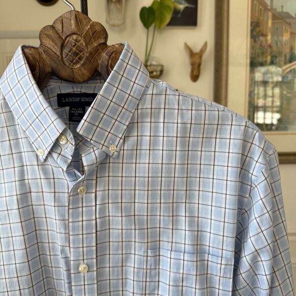Lands’ End Button Down Shirt Plaid Blue No Iron Cotton 16.5 34 - Picture 1 of 7